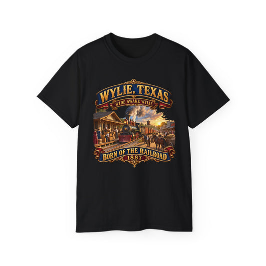 Unisex Ultra Cotton Tee - Wylie, Texas - Wide Awake Wylie, Born of the Railroad - 1873 - with Train Scene