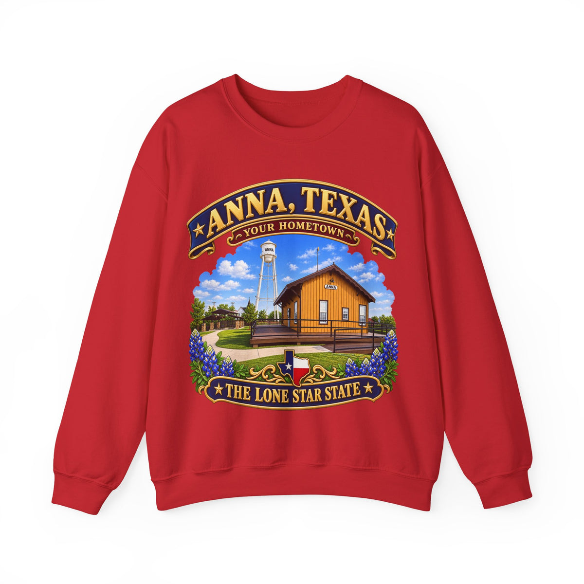 Crewneck Sweatshirt - Anna, Texas - Your Home Town -Lone Star State - with Anna Depot, Sherley Heritage Park, Scene