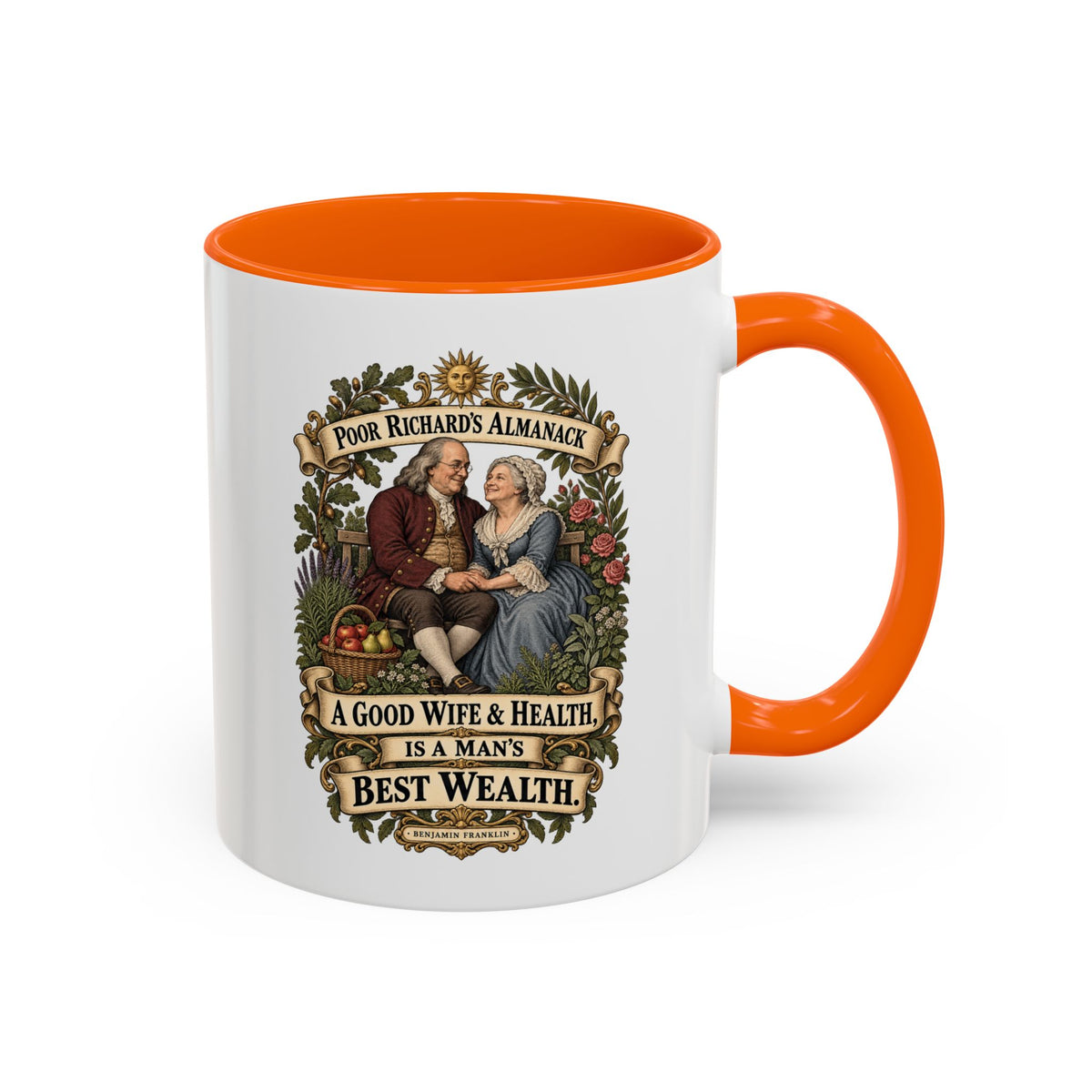 Accent Coffee Mug (11, 15oz) - Poor Richards Almanac - A good Wife & Health, is a Man's best Wealth
