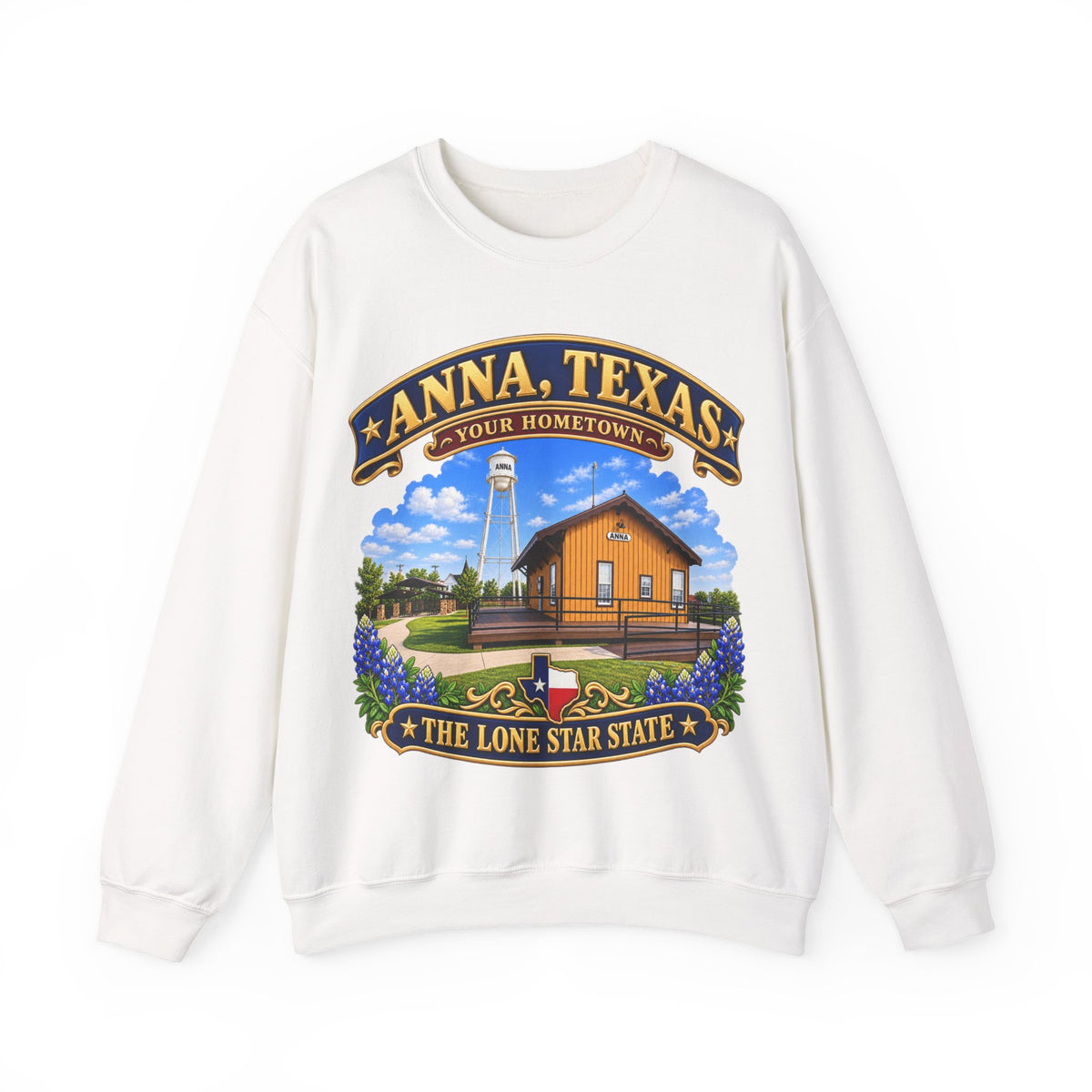 Crewneck Sweatshirt - Anna, Texas - Your Home Town -Lone Star State - with Anna Depot, Sherley Heritage Park, Scene