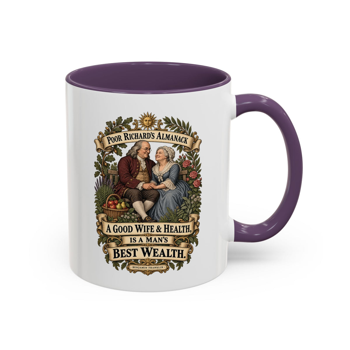Accent Coffee Mug (11, 15oz) - Poor Richards Almanac - A good Wife & Health, is a Man's best Wealth