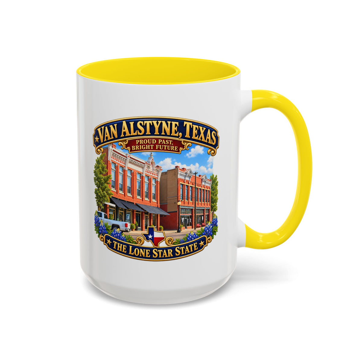 Accent Coffee Mug (11, 15oz) - Van Alstyne, Texas - Proud Past, Bright Future -Lone Star State - with Downtown Architecture Scene