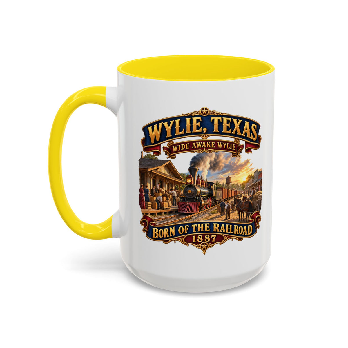 Accent Coffee Mug (11, 15oz) - Wylie, Texas - Wide Awake Wylie, Born of the Railroad - 1873 - with Train Scene