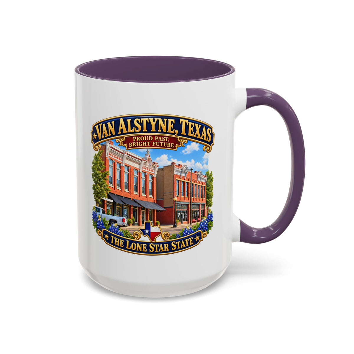 Accent Coffee Mug (11, 15oz) - Van Alstyne, Texas - Proud Past, Bright Future -Lone Star State - with Downtown Architecture Scene