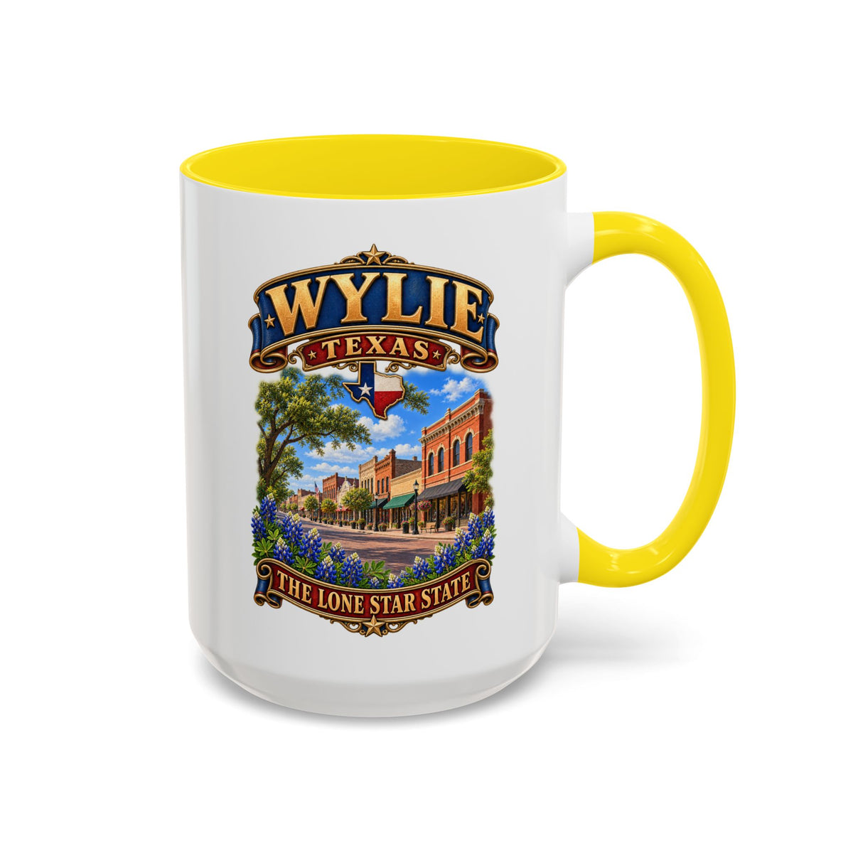 Accent Coffee Mug (11, 15oz) - Wylie, Texas - Lone Star State with City Scene