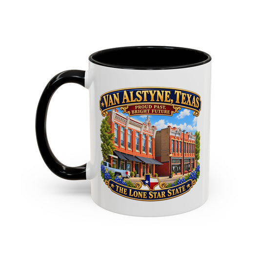 Accent Coffee Mug (11, 15oz) - Van Alstyne, Texas - Proud Past, Bright Future -Lone Star State - with Downtown Architecture Scene
