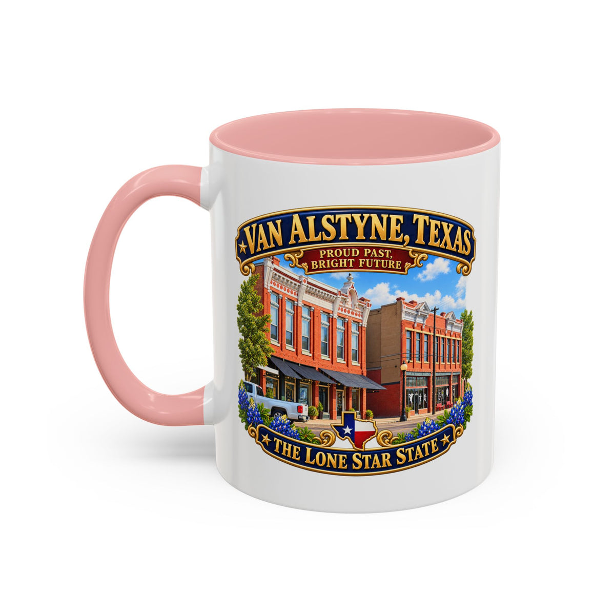 Accent Coffee Mug (11, 15oz) - Van Alstyne, Texas - Proud Past, Bright Future -Lone Star State - with Downtown Architecture Scene