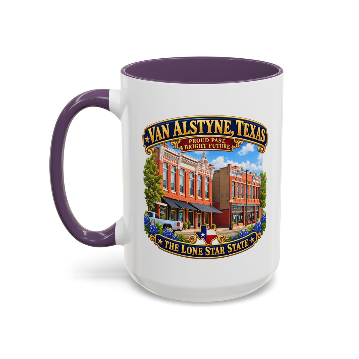 Accent Coffee Mug (11, 15oz) - Van Alstyne, Texas - Proud Past, Bright Future -Lone Star State - with Downtown Architecture Scene