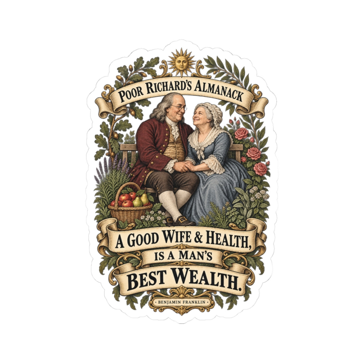 Kiss-Cut Stickers - Poor Richards Almanac - A good Wife & Health, is a Man's best Wealth