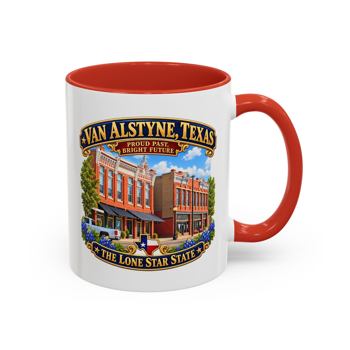 Accent Coffee Mug (11, 15oz) - Van Alstyne, Texas - Proud Past, Bright Future -Lone Star State - with Downtown Architecture Scene