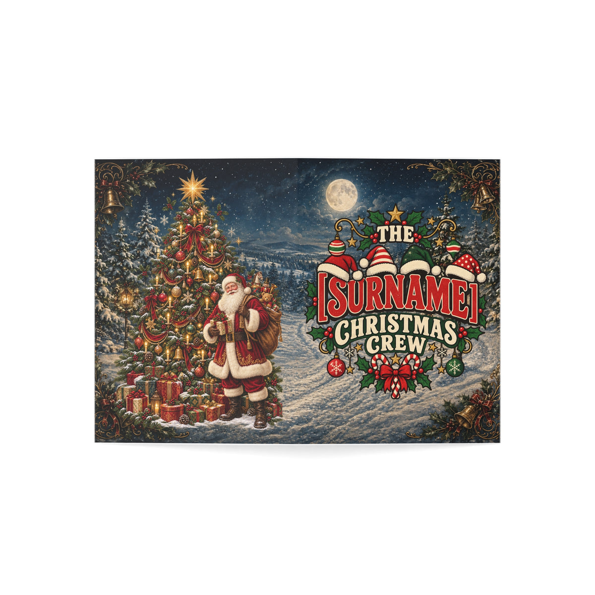Surname Christmas Crew Greeting Card | Personalized Holiday Card, Santa Tree Design
