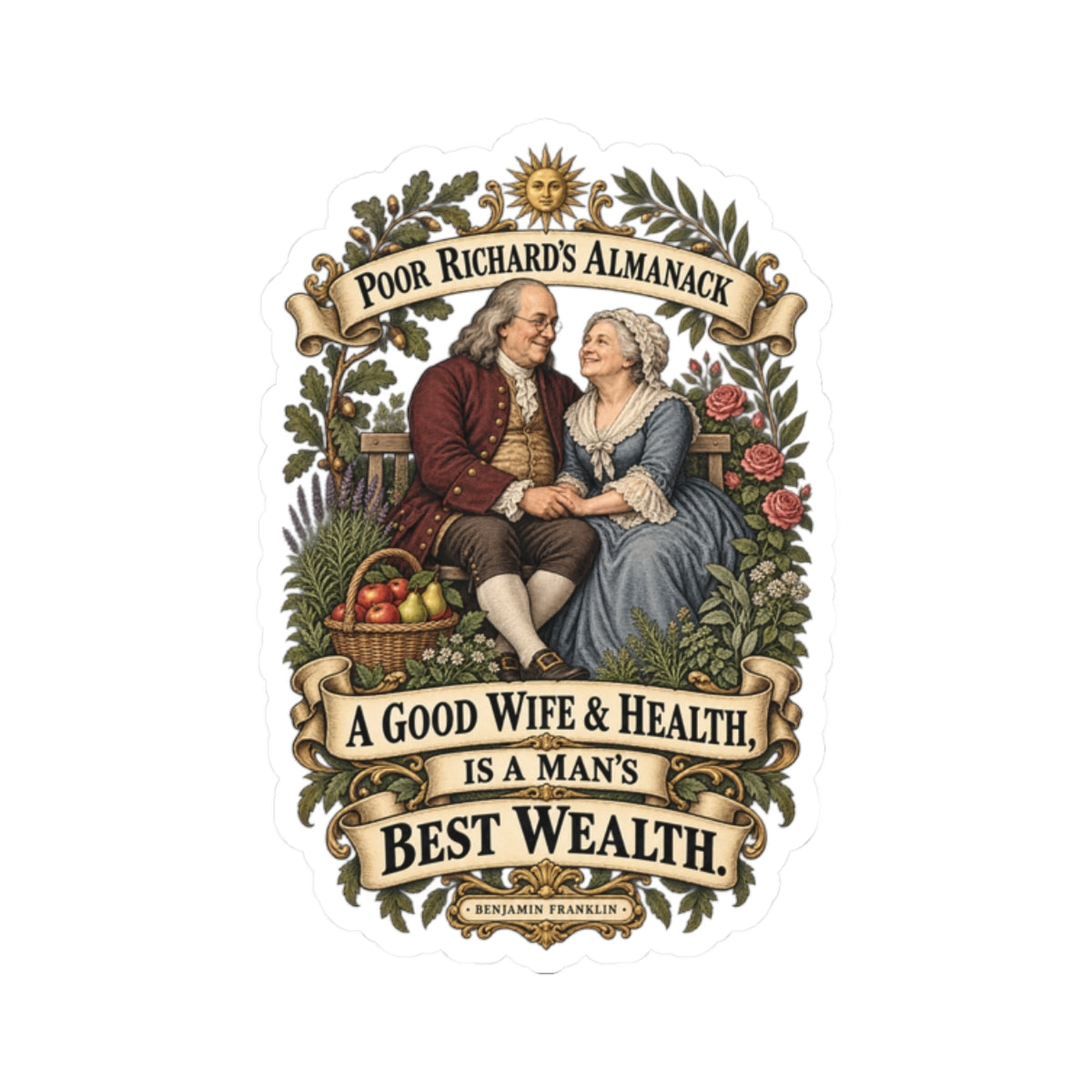Kiss-Cut Stickers - Poor Richards Almanac - A good Wife & Health, is a Man's best Wealth