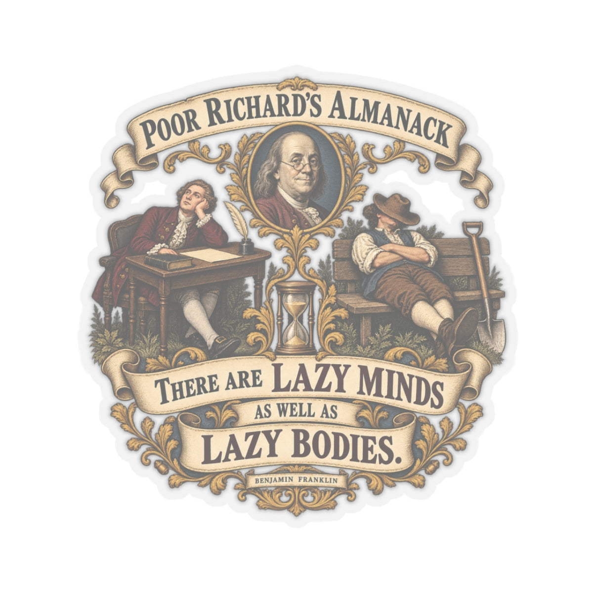 Kiss-Cut Stickers - Poor Richards Almanac -  There are lazy Minds as well as lazy Bodies