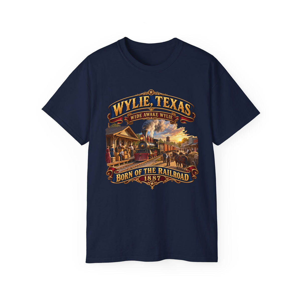 Unisex Ultra Cotton Tee - Wylie, Texas - Wide Awake Wylie, Born of the Railroad - 1873 - with Train Scene