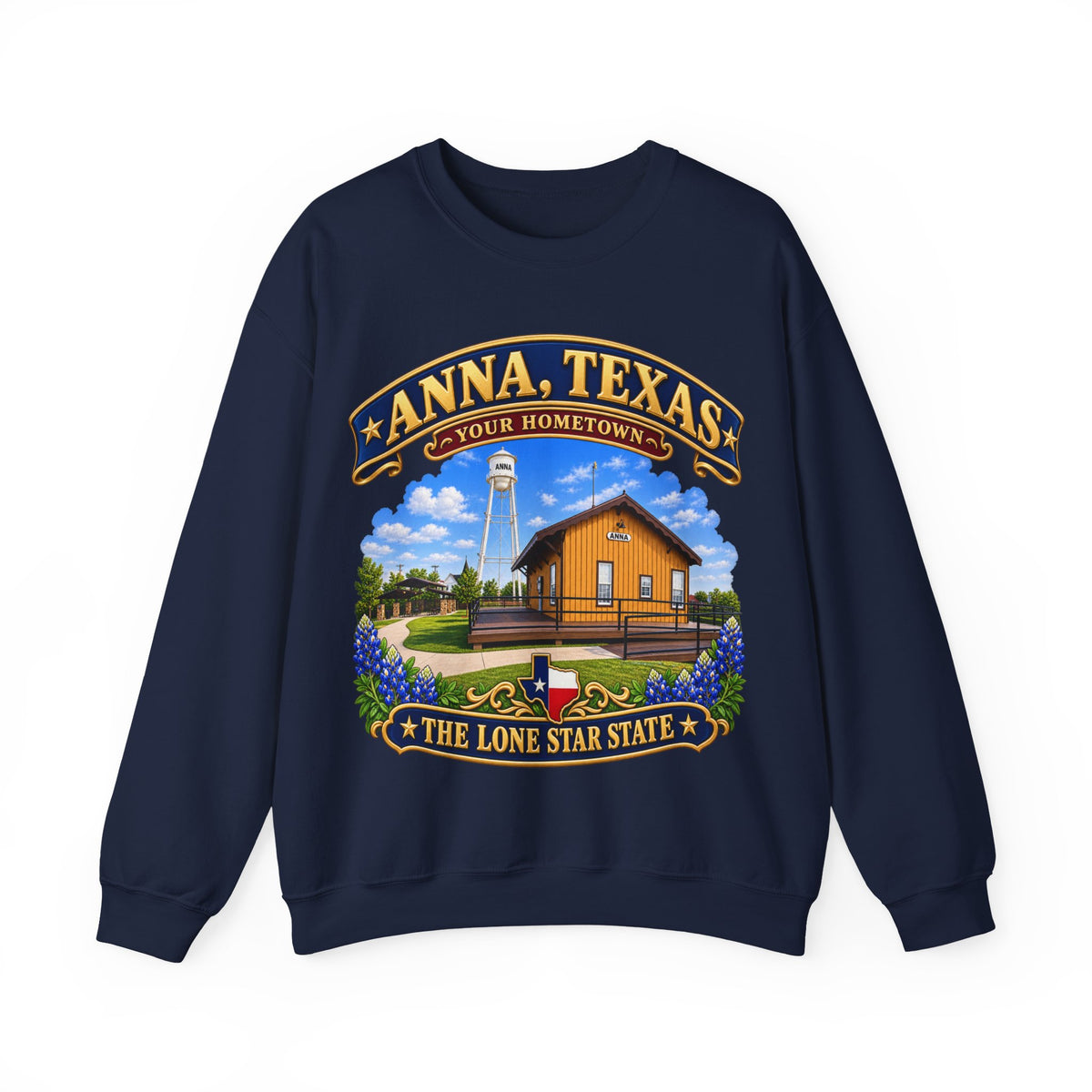 Crewneck Sweatshirt - Anna, Texas - Your Home Town -Lone Star State - with Anna Depot, Sherley Heritage Park, Scene