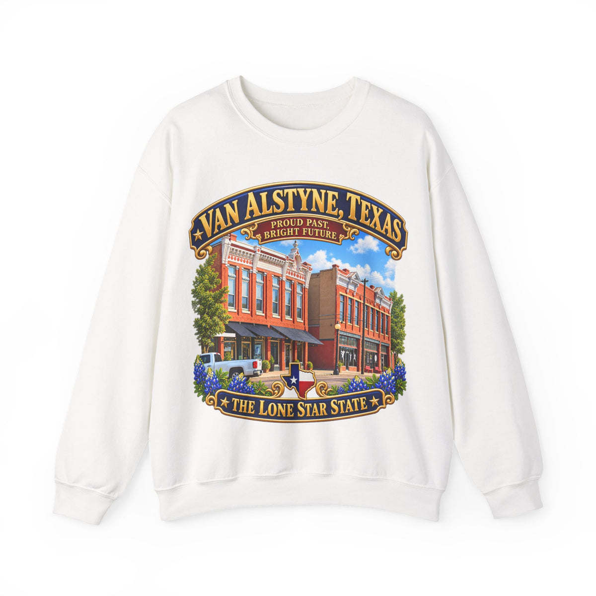 Crewneck Sweatshirt - Van Alstyne, Texas - Proud Past, Bright Future -Lone Star State - with Downtown Architecture Scene