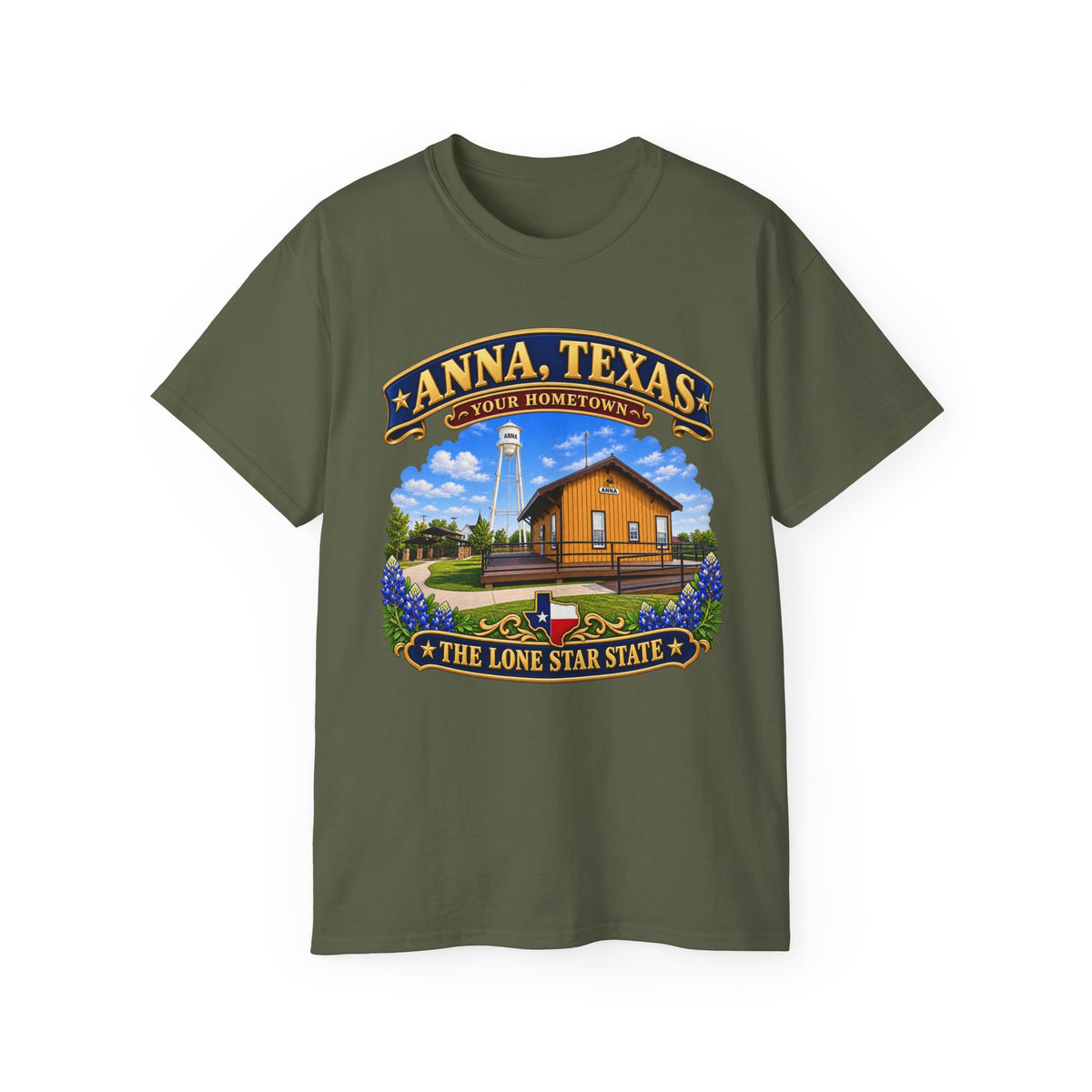 Unisex Ultra Cotton Tee - Anna, Texas - Your Home Town -Lone Star State - with Anna Depot, Sherley Heritage Park, Scene