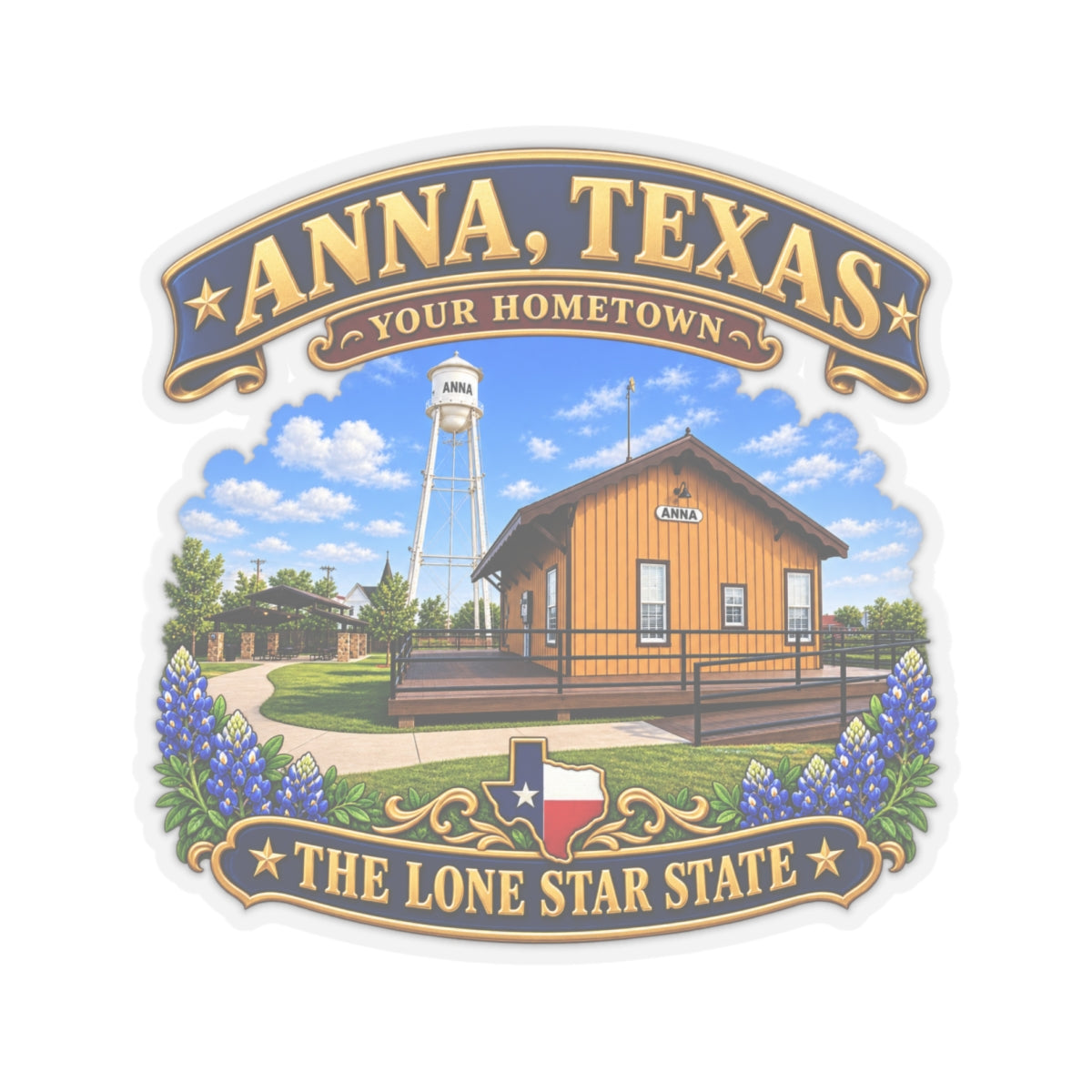 Kiss-Cut Stickers - Anna, Texas - Your Home Town -Lone Star State - with Anna Depot, Sherley Heritage Park, Scene
