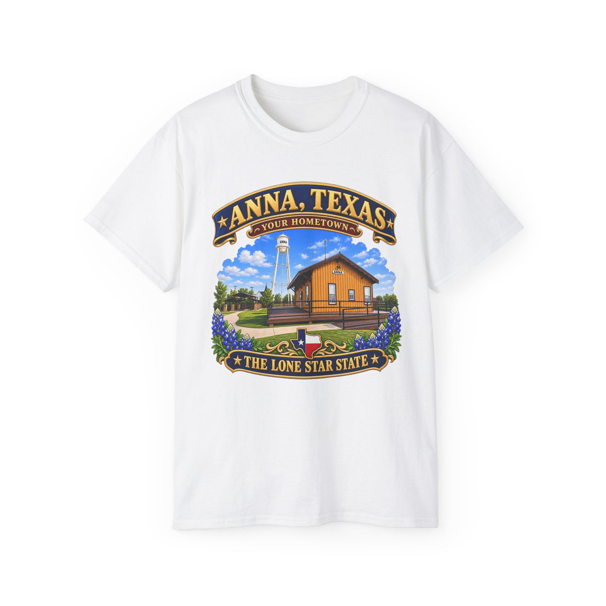 Unisex Ultra Cotton Tee - Anna, Texas - Your Home Town -Lone Star State - with Anna Depot, Sherley Heritage Park, Scene