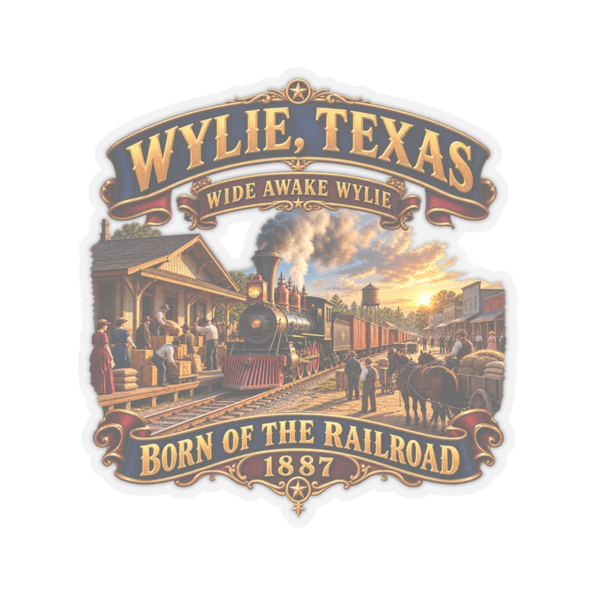 Kiss-Cut Stickers - Wylie, Texas - Wide Awake Wylie, Born of the Railroad - 1873 - with Train Scene
