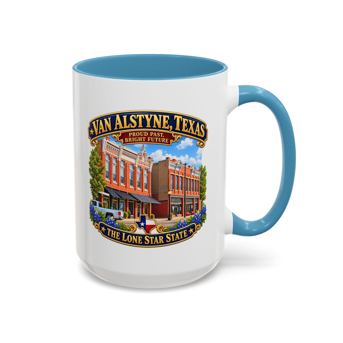Accent Coffee Mug (11, 15oz) - Van Alstyne, Texas - Proud Past, Bright Future -Lone Star State - with Downtown Architecture Scene