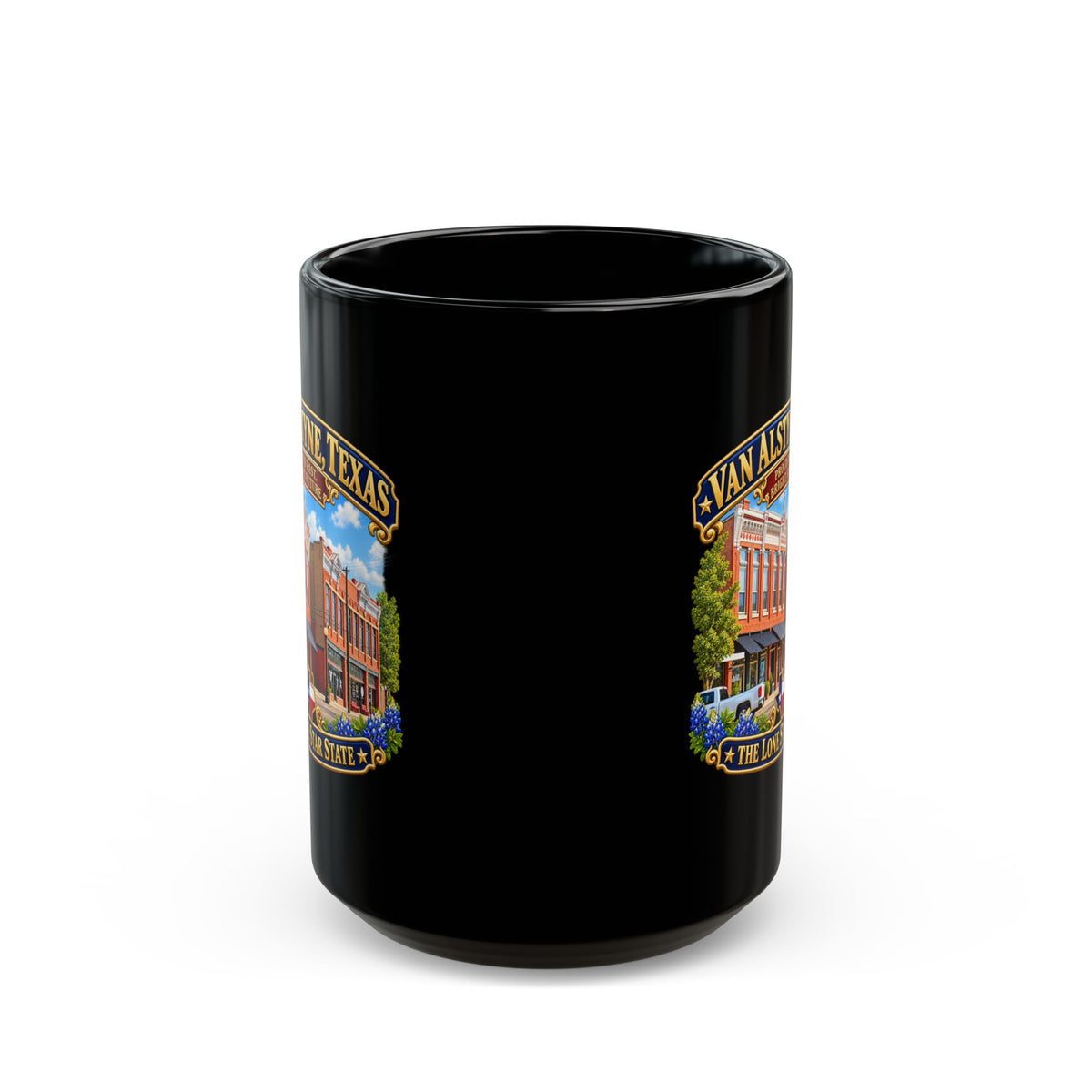 Black Mug  (15oz) - Van Alstyne, Texas - Proud Past, Bright Future -Lone Star State - with Downtown Architecture Scene
