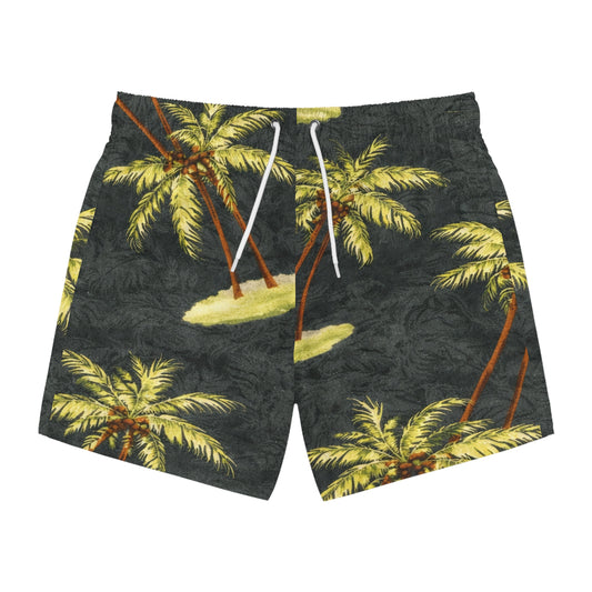 Tropical Palm Island Swim Trunks — Vintage Hawaiian Beach Shorts