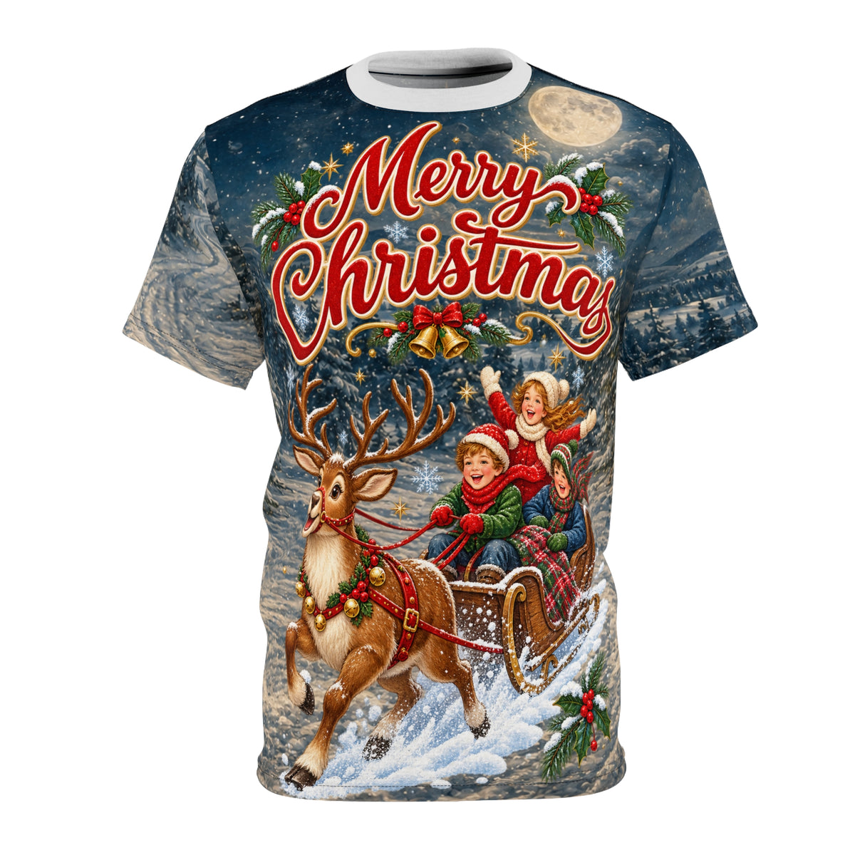 Merry Christmas sleigh ride Tee | Reindeer Santa children winter scene