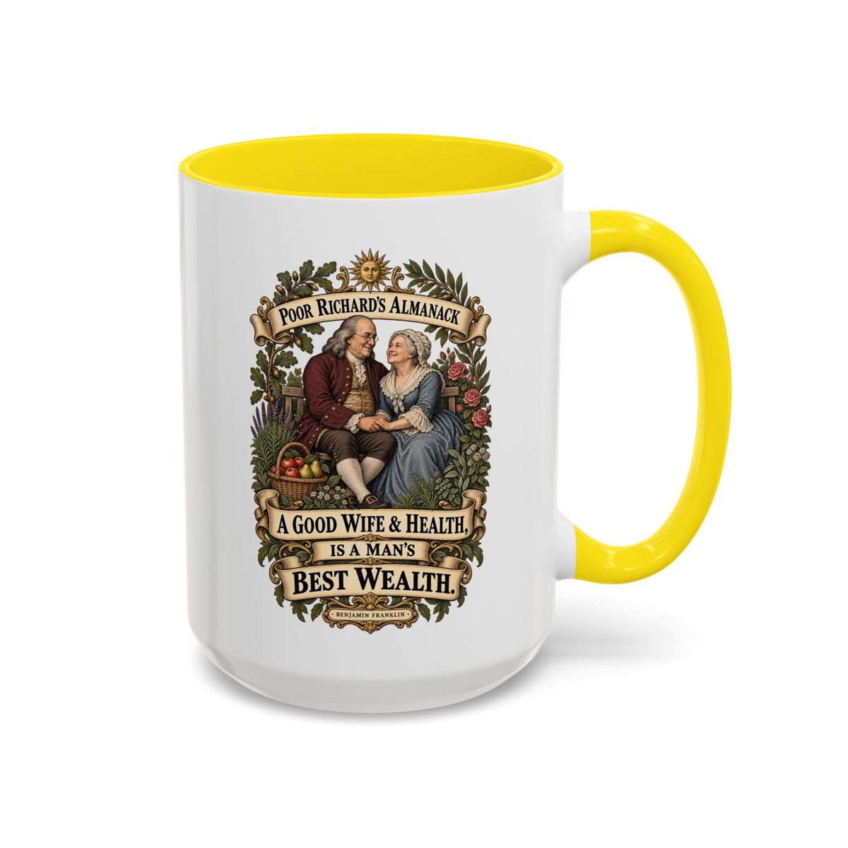 Accent Coffee Mug (11, 15oz) - Poor Richards Almanac - A good Wife & Health, is a Man's best Wealth