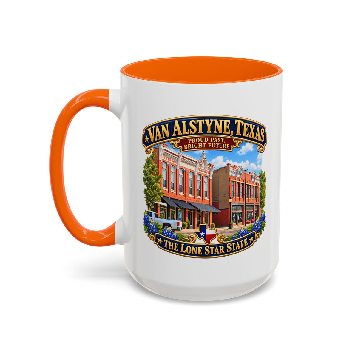 Accent Coffee Mug (11, 15oz) - Van Alstyne, Texas - Proud Past, Bright Future -Lone Star State - with Downtown Architecture Scene