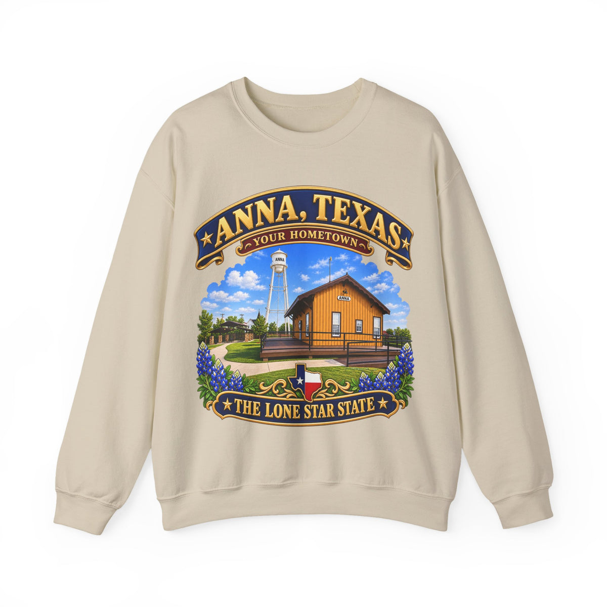 Crewneck Sweatshirt - Anna, Texas - Your Home Town -Lone Star State - with Anna Depot, Sherley Heritage Park, Scene