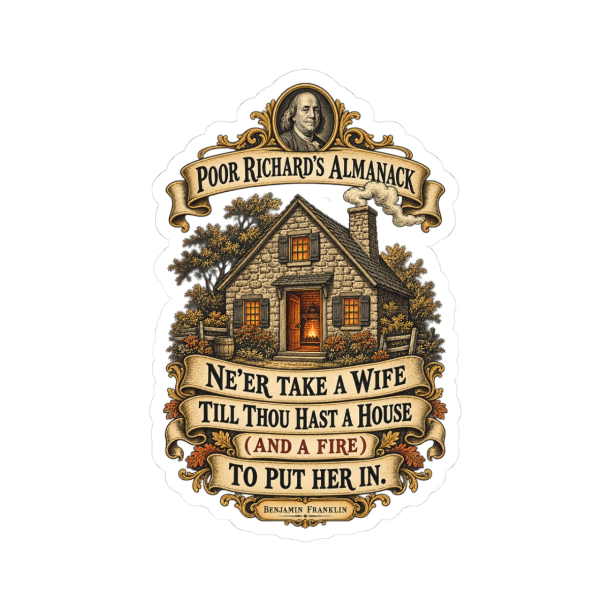 Kiss-Cut Stickers - Poor Richards Almanac - Never take a wife till thou hast a house