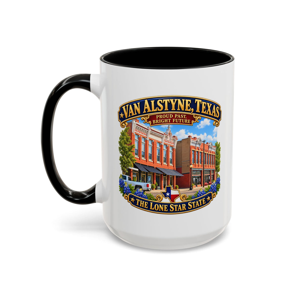 Accent Coffee Mug (11, 15oz) - Van Alstyne, Texas - Proud Past, Bright Future -Lone Star State - with Downtown Architecture Scene