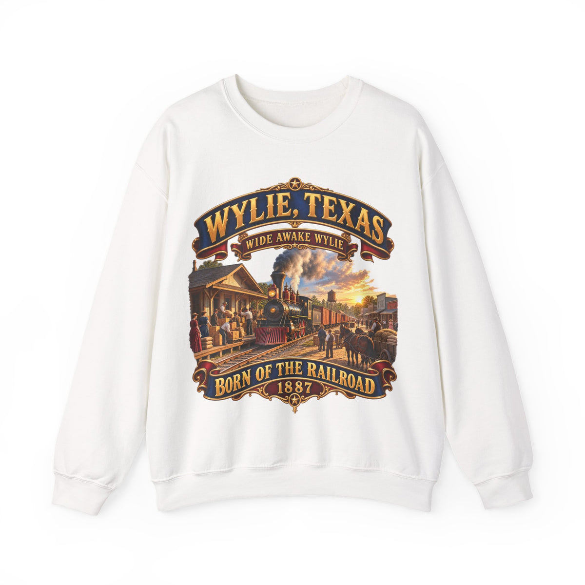 Crewneck Sweatshirt - Wylie, Texas - Wide Awake Wylie, Born of the Railroad - 1873 - with Train Scene