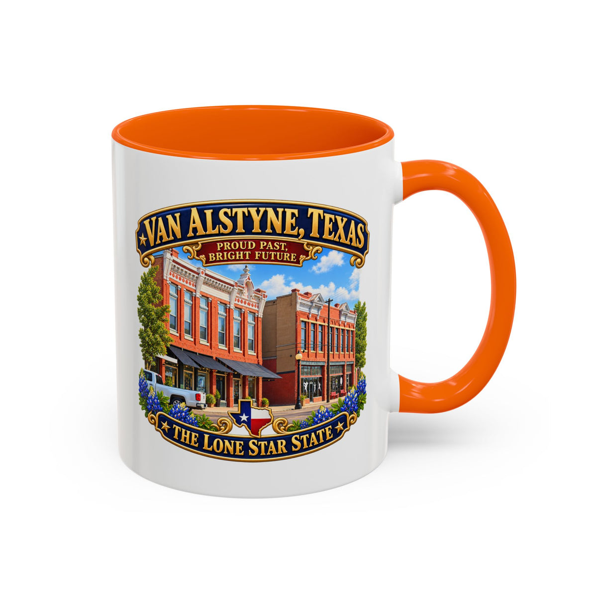 Accent Coffee Mug (11, 15oz) - Van Alstyne, Texas - Proud Past, Bright Future -Lone Star State - with Downtown Architecture Scene