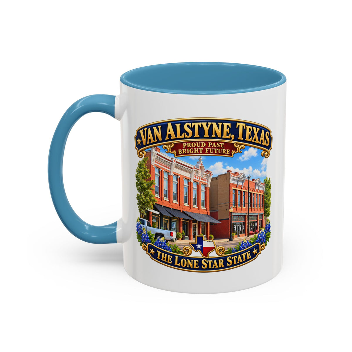 Accent Coffee Mug (11, 15oz) - Van Alstyne, Texas - Proud Past, Bright Future -Lone Star State - with Downtown Architecture Scene