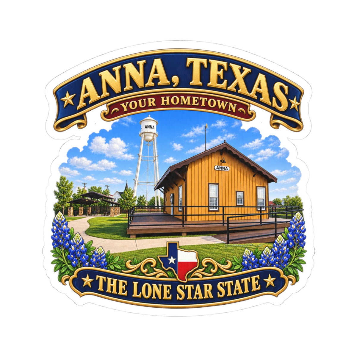 Kiss-Cut Stickers - Anna, Texas - Your Home Town -Lone Star State - with Anna Depot, Sherley Heritage Park, Scene