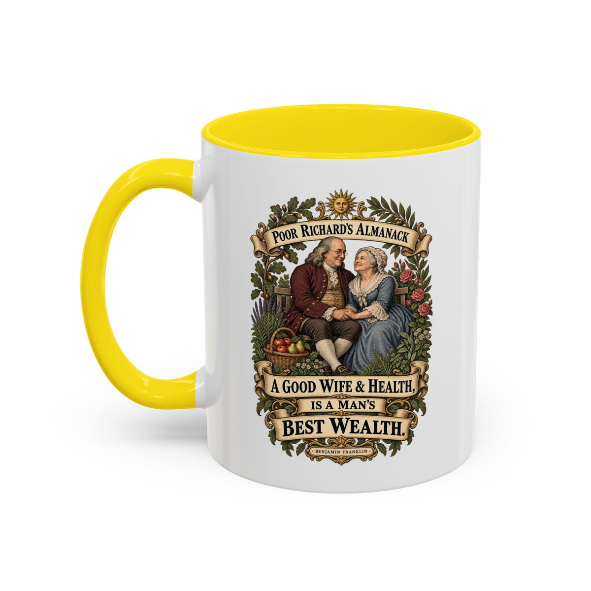 Accent Coffee Mug (11, 15oz) - Poor Richards Almanac - A good Wife & Health, is a Man's best Wealth
