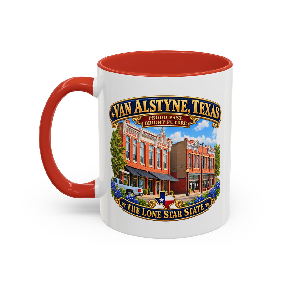 Accent Coffee Mug (11, 15oz) - Van Alstyne, Texas - Proud Past, Bright Future -Lone Star State - with Downtown Architecture Scene