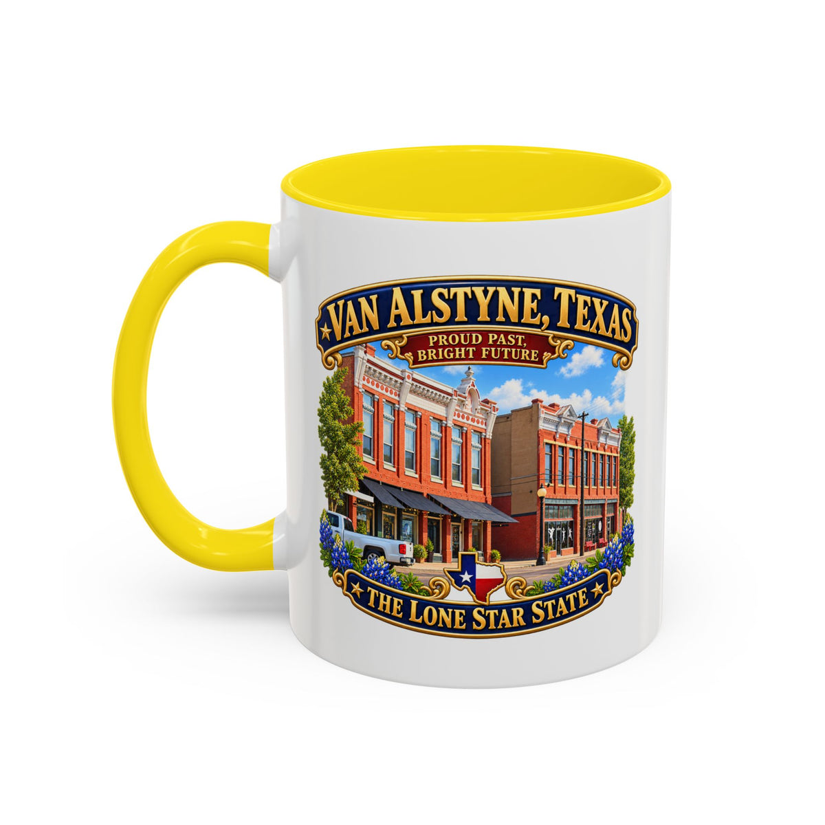 Accent Coffee Mug (11, 15oz) - Van Alstyne, Texas - Proud Past, Bright Future -Lone Star State - with Downtown Architecture Scene