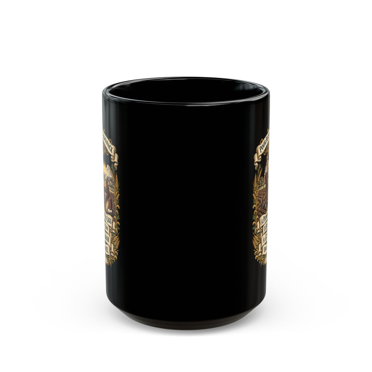 Black Mug  (15oz) - Poor Richards Almanac - A Plowman on his Legs is higher than a Gentleman on his Knees