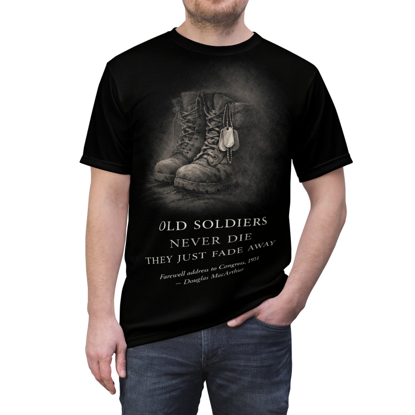 Veterans Tribute All-Over Print Tee — "Old Soldiers Never Die"