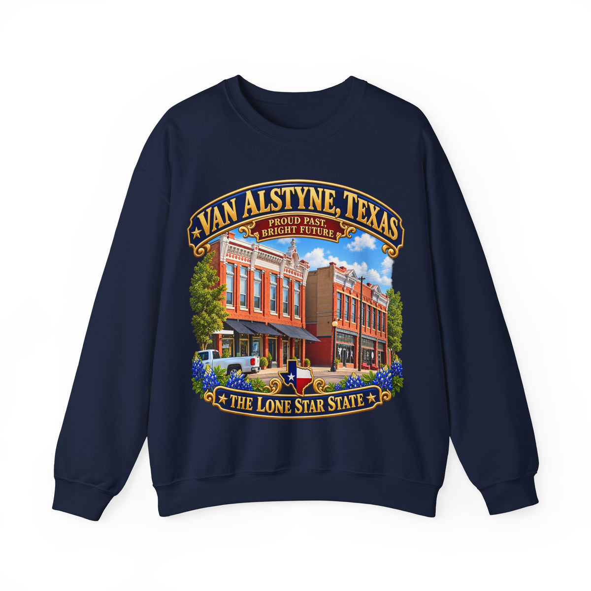 Crewneck Sweatshirt - Van Alstyne, Texas - Proud Past, Bright Future -Lone Star State - with Downtown Architecture Scene