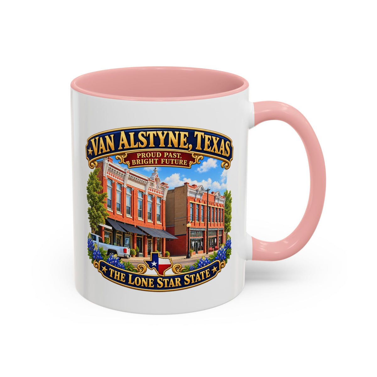 Accent Coffee Mug (11, 15oz) - Van Alstyne, Texas - Proud Past, Bright Future -Lone Star State - with Downtown Architecture Scene