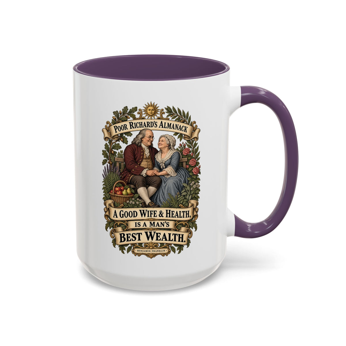Accent Coffee Mug (11, 15oz) - Poor Richards Almanac - A good Wife & Health, is a Man's best Wealth