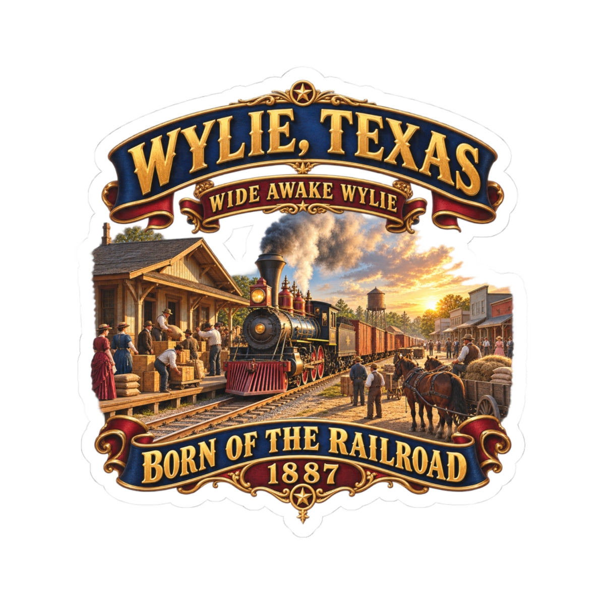 Kiss-Cut Stickers - Wylie, Texas - Wide Awake Wylie, Born of the Railroad - 1873 - with Train Scene