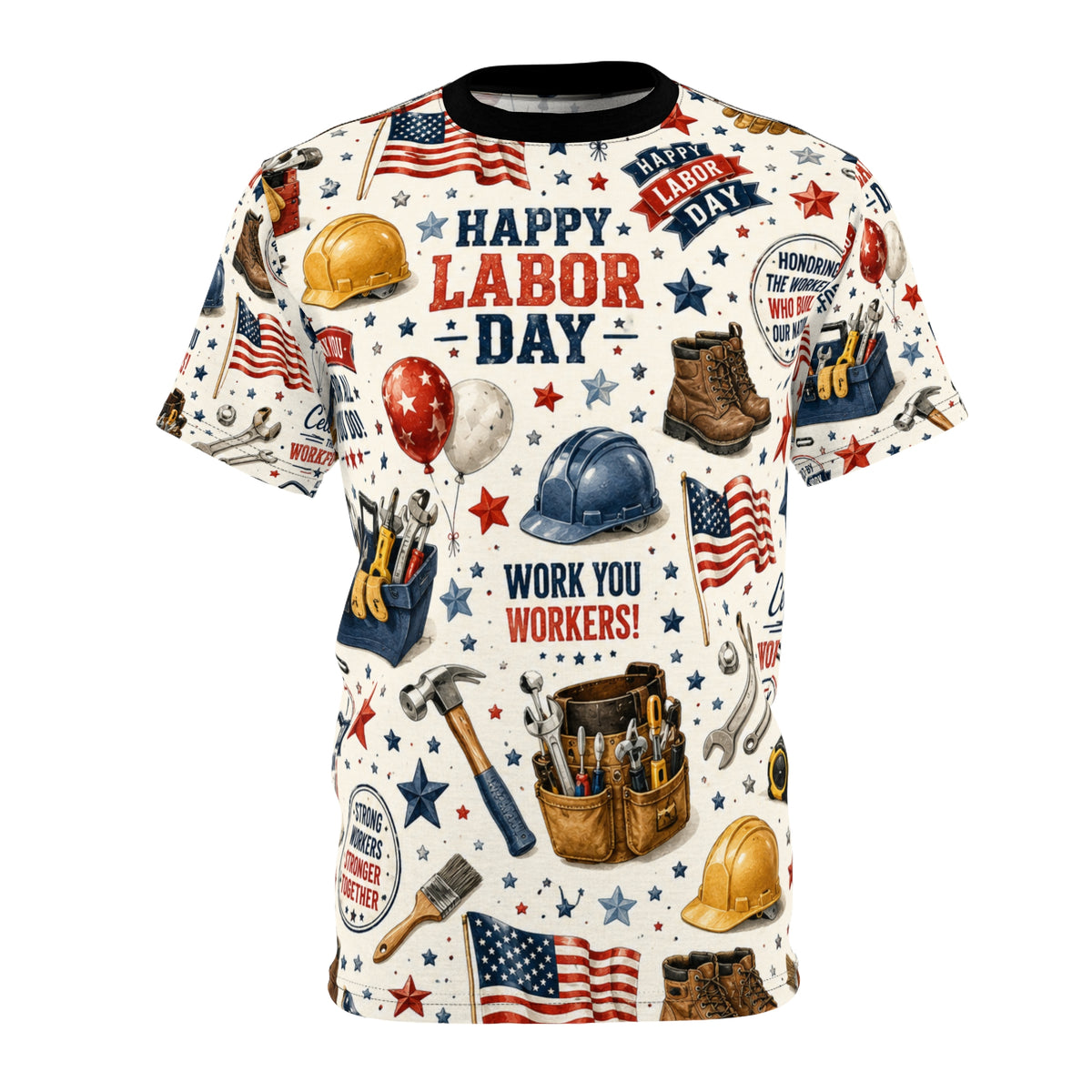 Labor Day Tools & Flags Tee | All-Over Print Workboots Helmets Hammers