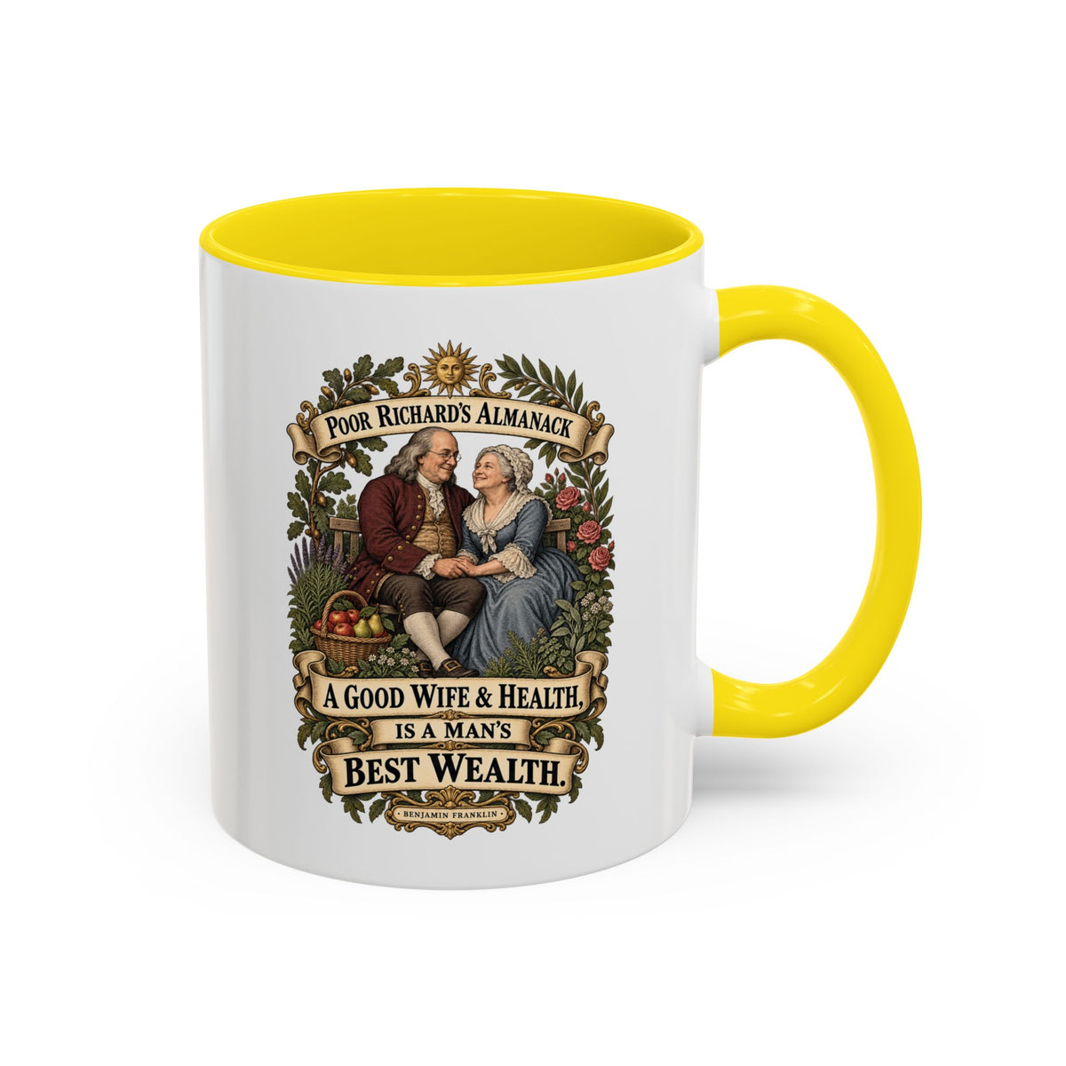 Accent Coffee Mug (11, 15oz) - Poor Richards Almanac - A good Wife & Health, is a Man's best Wealth