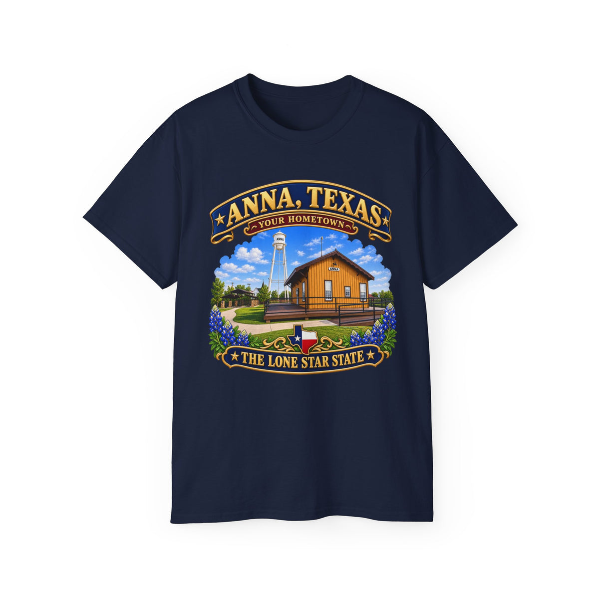 Unisex Ultra Cotton Tee - Anna, Texas - Your Home Town -Lone Star State - with Anna Depot, Sherley Heritage Park, Scene
