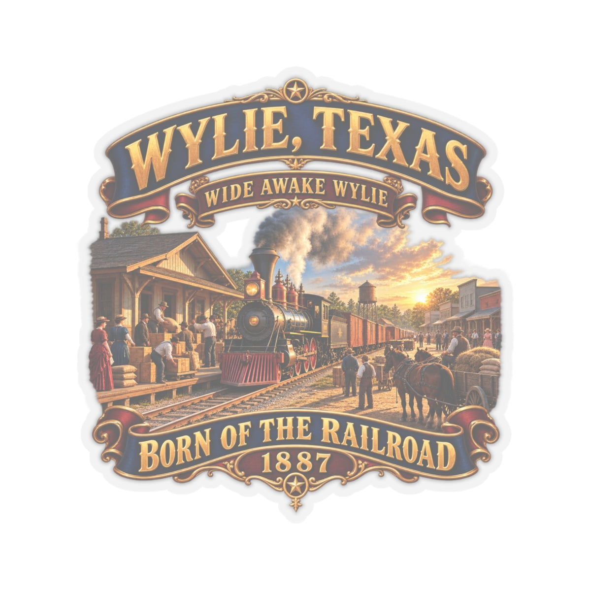 Kiss-Cut Stickers - Wylie, Texas - Wide Awake Wylie, Born of the Railroad - 1873 - with Train Scene